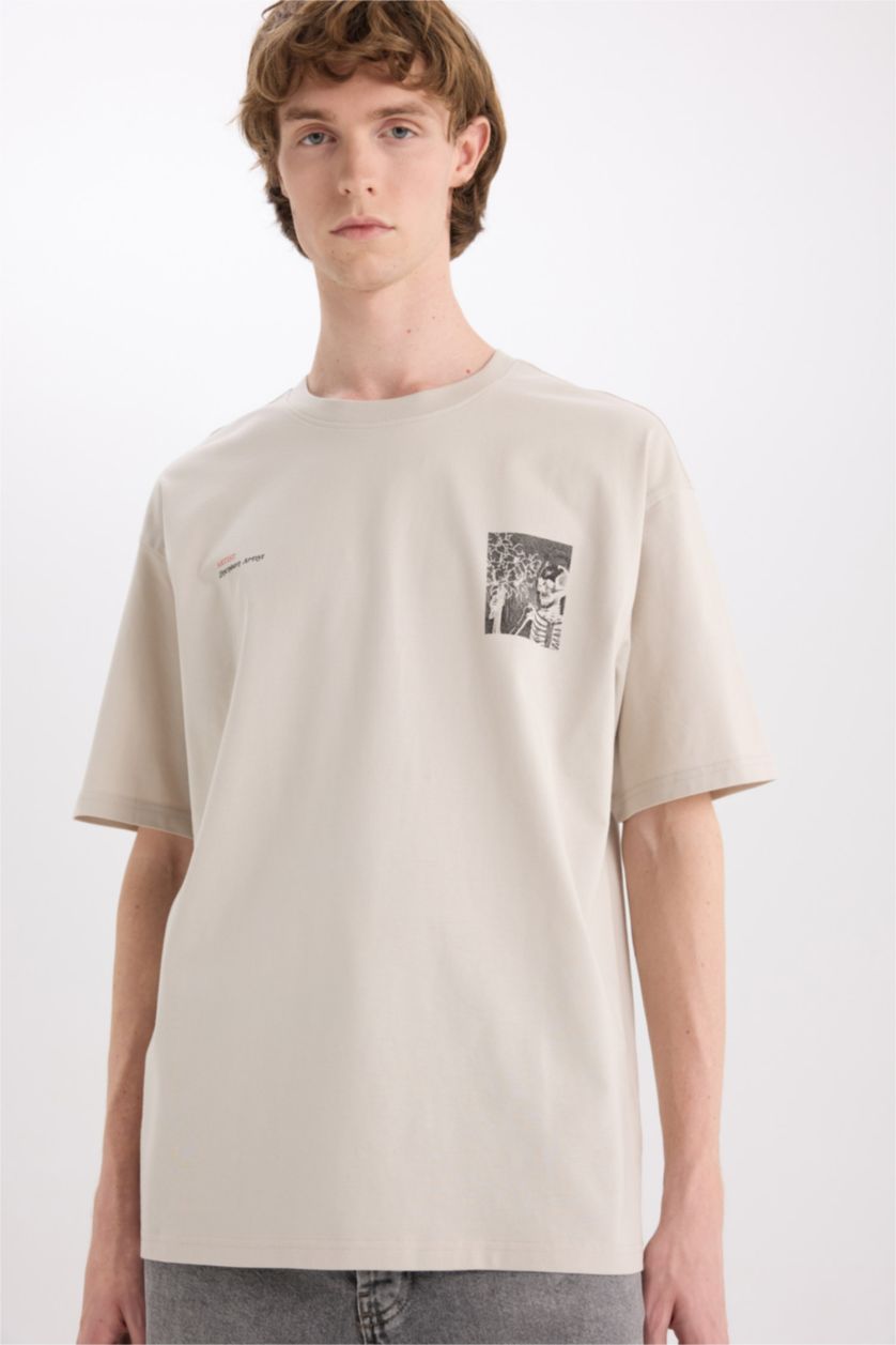 Erkek Taş %100 Pamuk Boxy Fit Bisiklet Yaka Sırt Baskılı Kısa Kollu Tişört