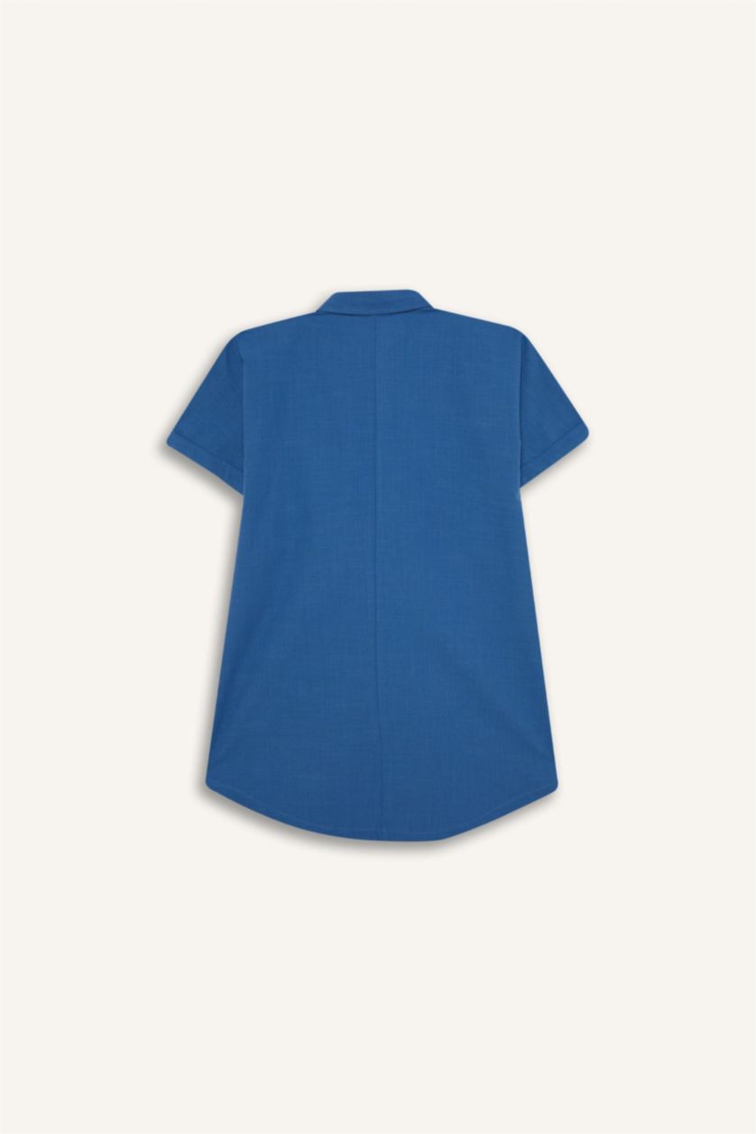 Kız Çocuk - Genç Kız Mavi Gömlek Yaka Pamuklu Kısa Kollu Yazlık Elbise Kız Çocuk