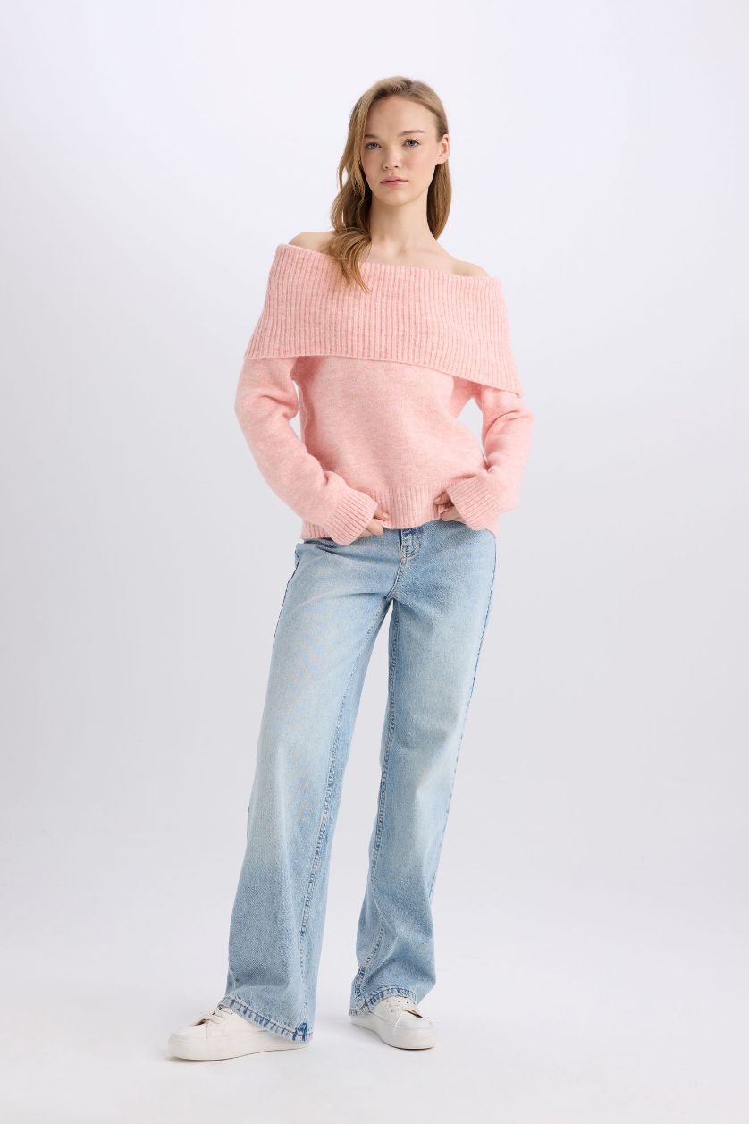 Kadın Pembe Regular Fıt Açık Omuz Triko Kazak