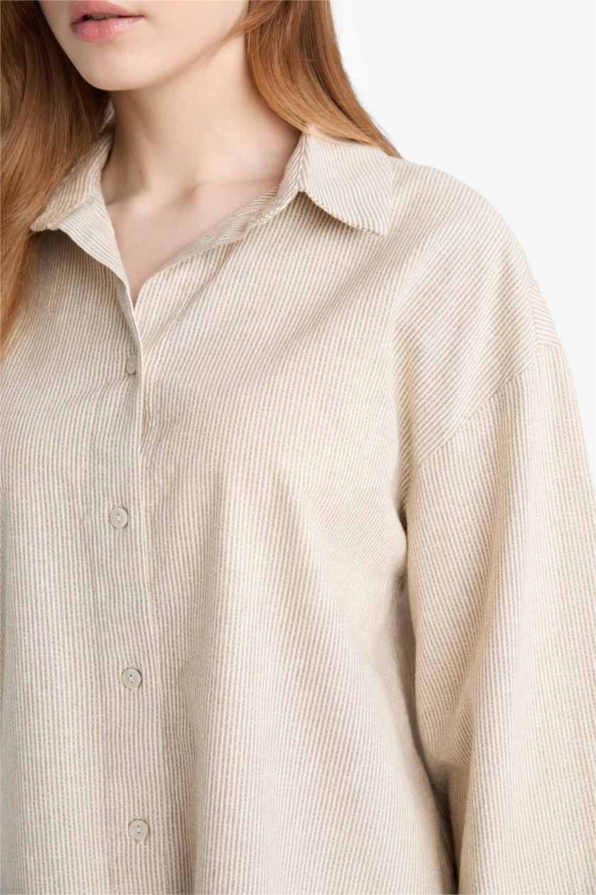 Kadın Açık Taş Relax Fit Keten Karışımlı Uzun Kollu Gömlek