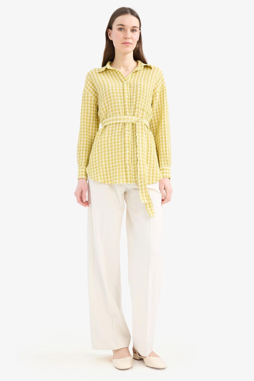 نساء زيتوني تونيك منسوج كاروهات قصة مريحة بياقة قميص