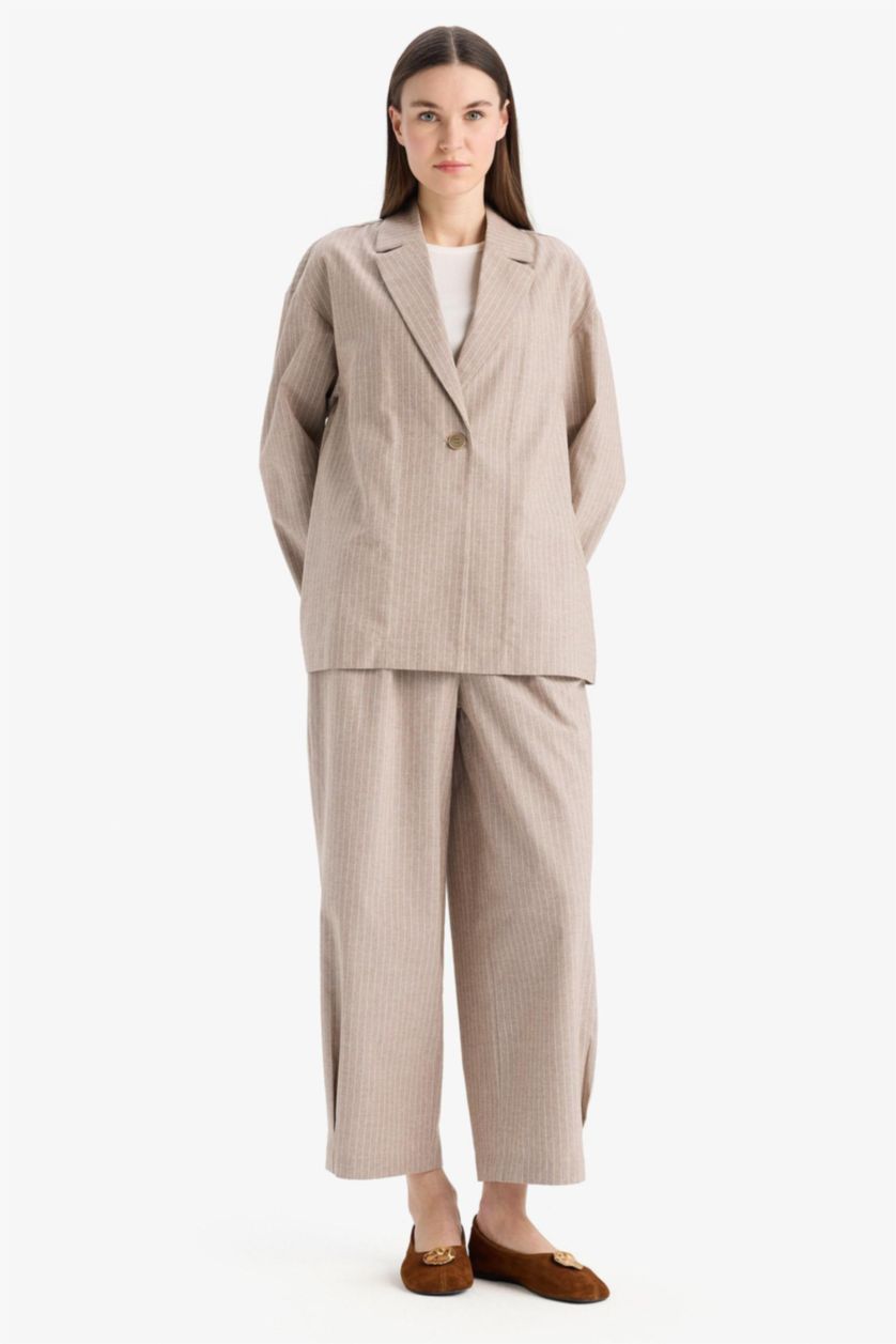 WOMAN Light Stone Harem Striped Linen Blend Trousers