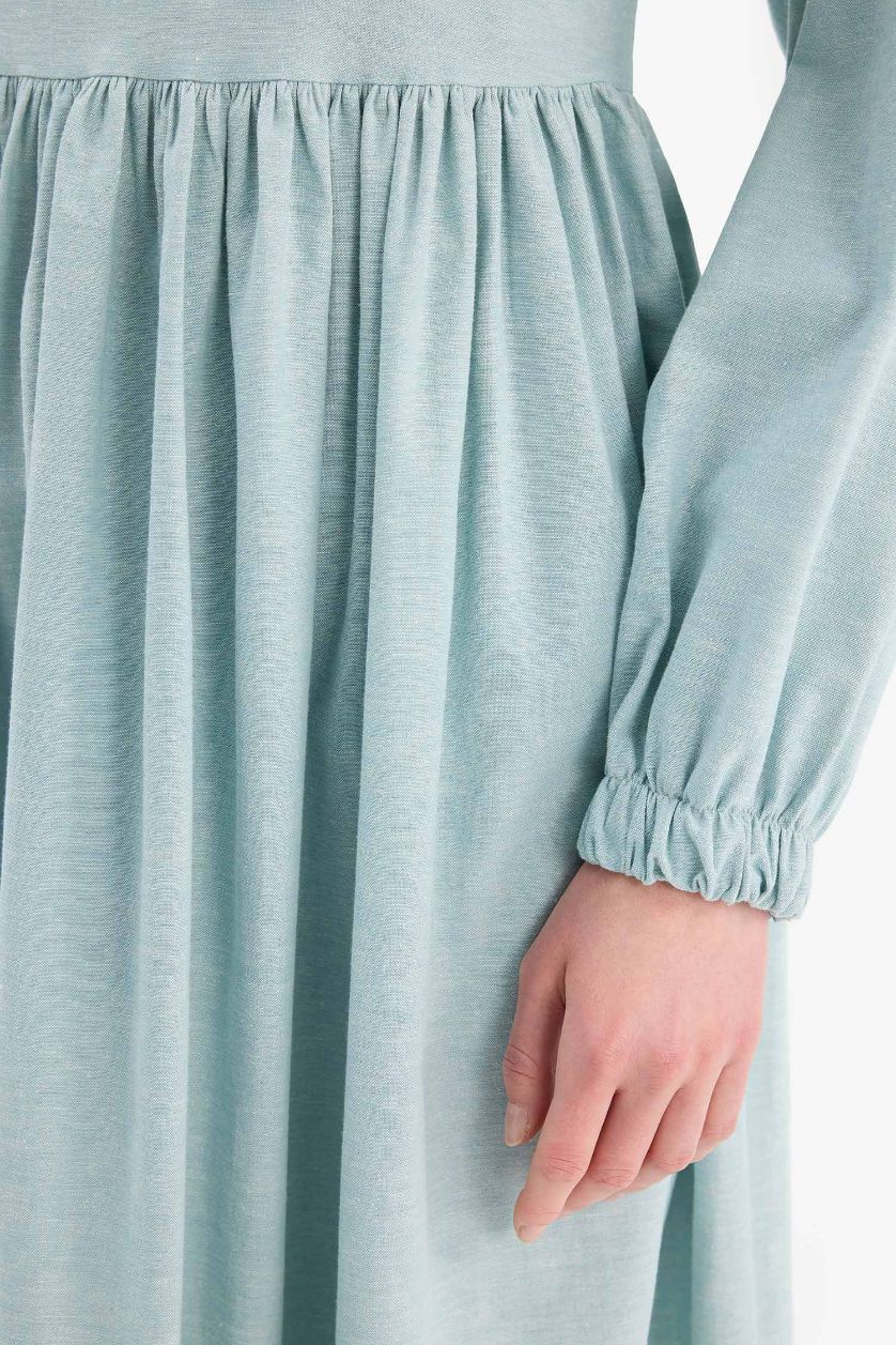 FEMME Bleu Robe Tissée À Manches Longues Lin Mélangé Col arrondi