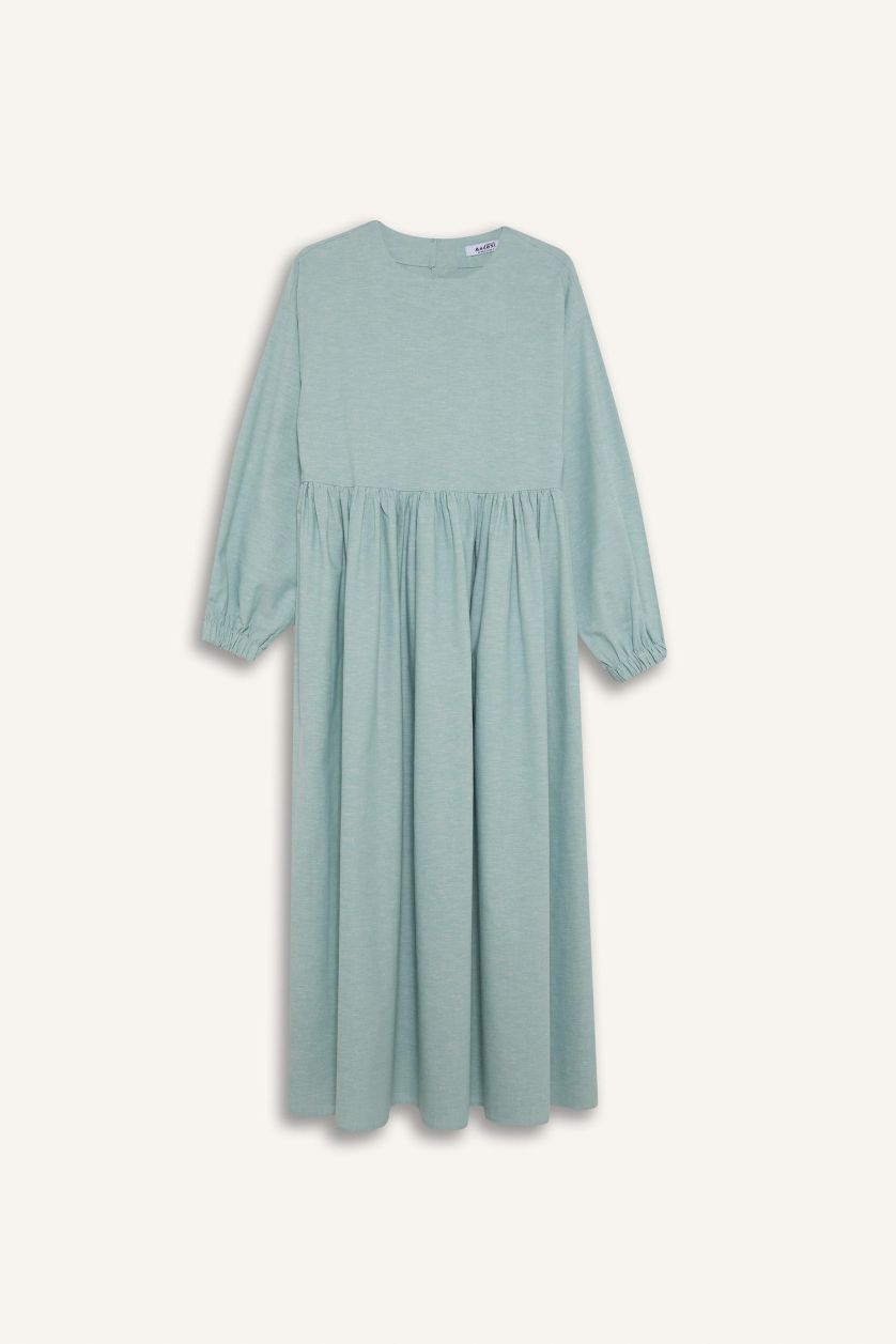 FEMME Bleu Robe Tissée À Manches Longues Lin Mélangé Col arrondi