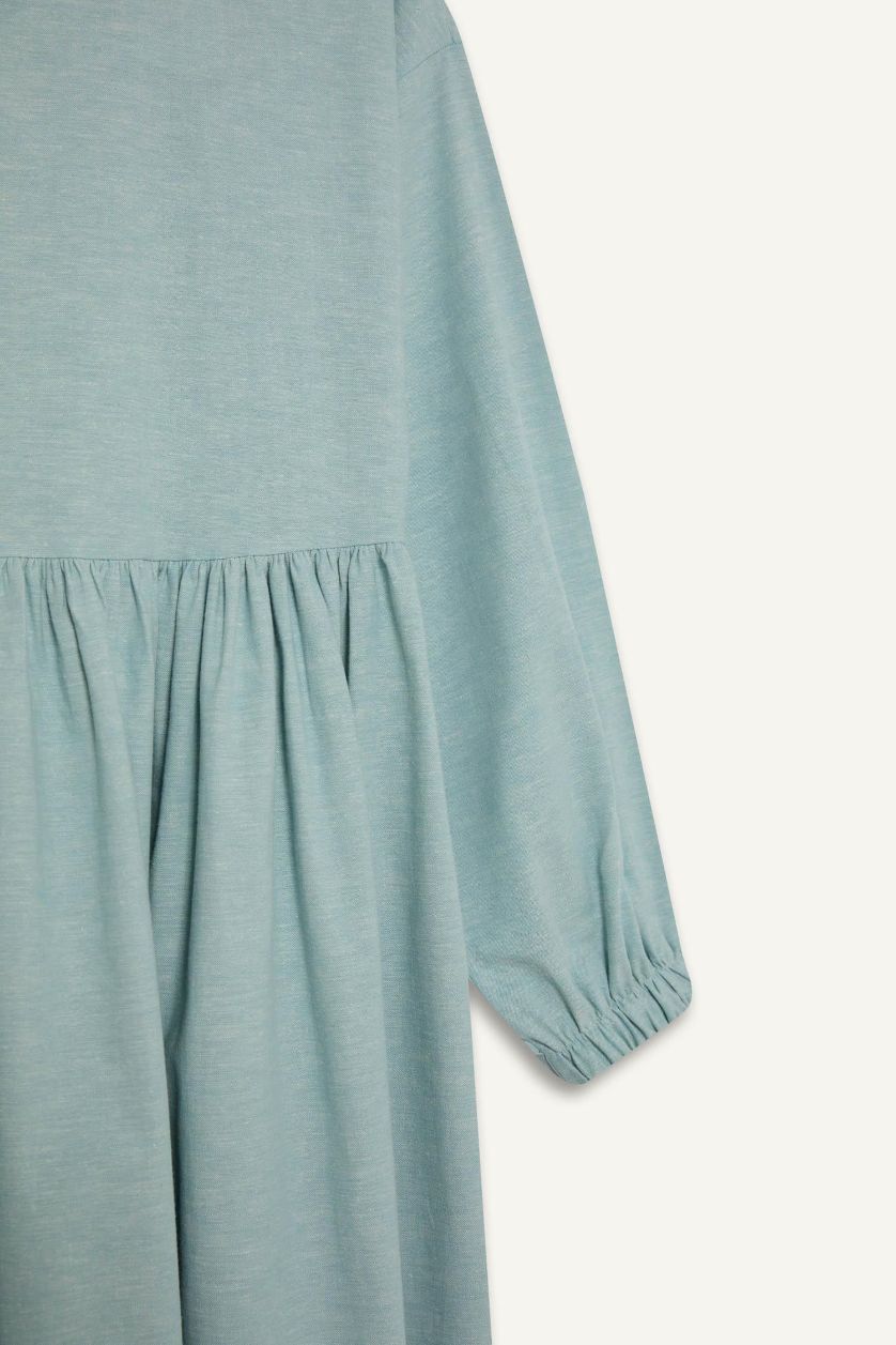 FEMME Bleu Robe Tissée À Manches Longues Lin Mélangé Col arrondi