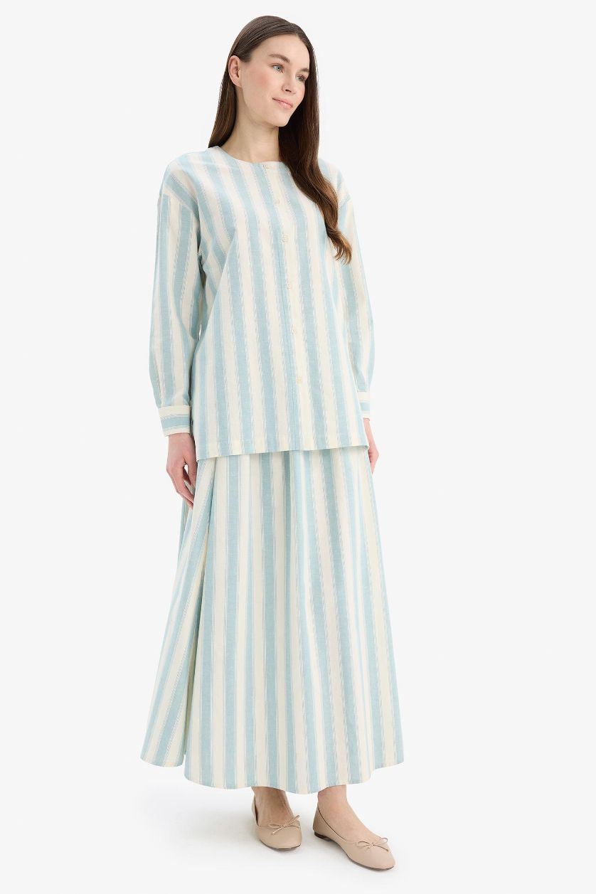 Kadın Mint A Kesim Çizgili Keten Karışımlı Maxi Etek