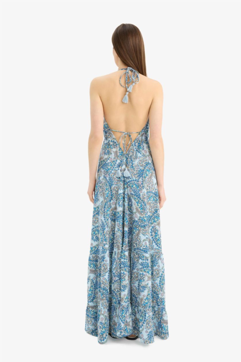 Kadın Saks Regular Fit Etnik Desenli Boyundan Bağlamalı Maxi Plaj Elbisesi