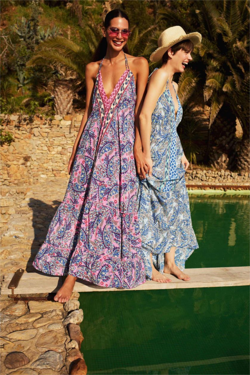 Kadın Pembe Regular Fit Etnik Desenli Boyundan Bağlamalı Maxi Plaj Elbisesi-Fall in Love