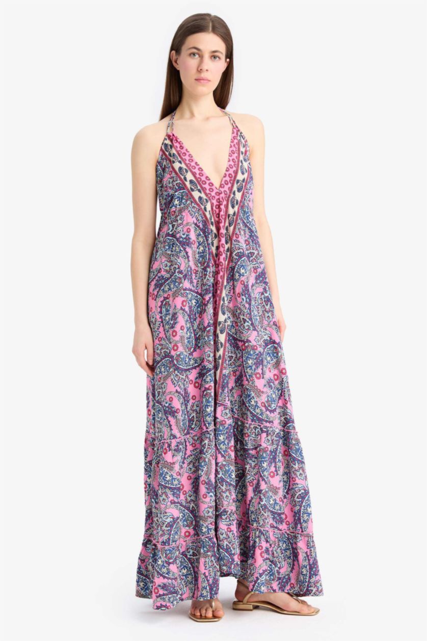 Kadın Pembe Regular Fit Etnik Desenli Boyundan Bağlamalı Maxi Plaj Elbisesi-Fall in Love