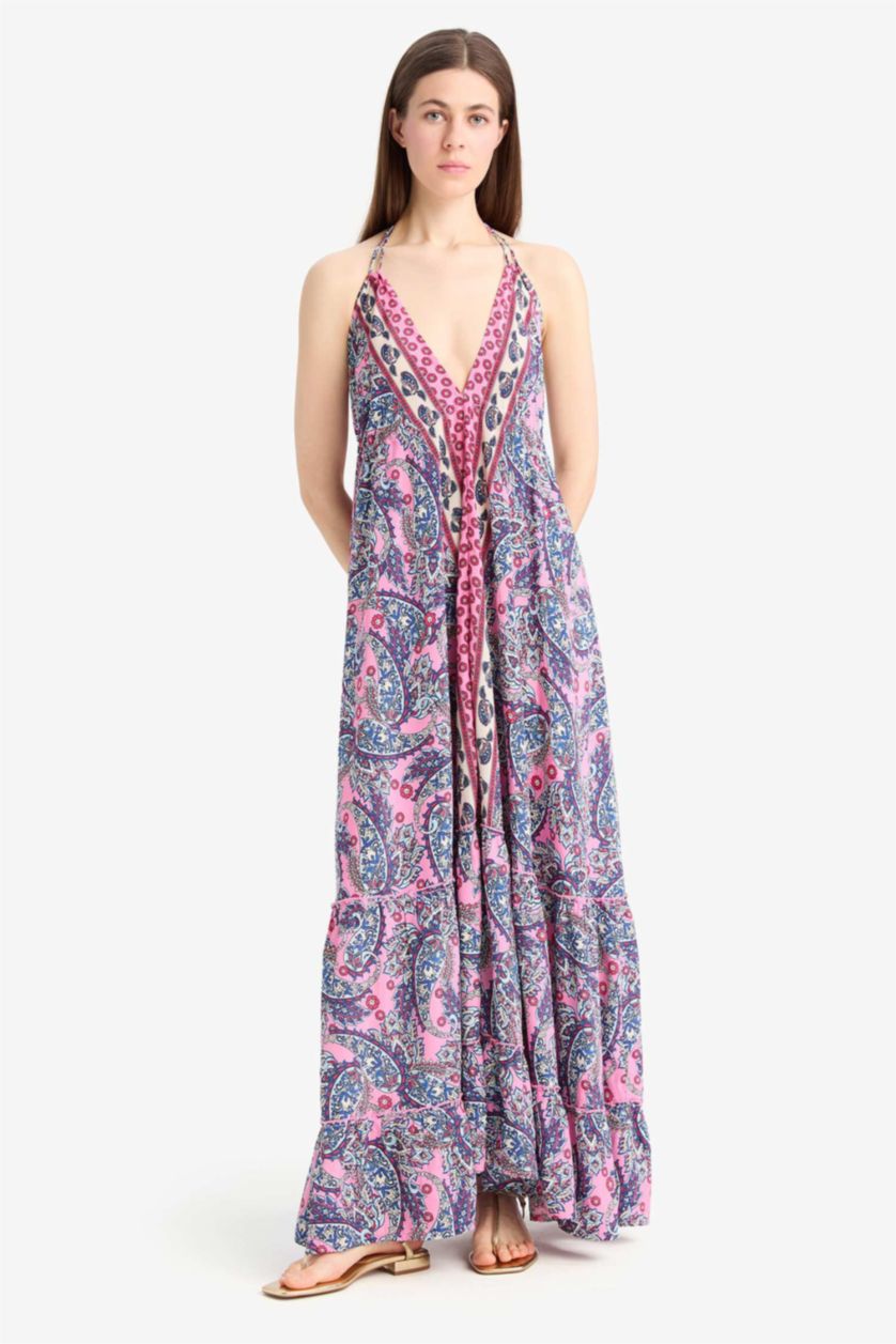 Kadın Pembe Regular Fit Etnik Desenli Boyundan Bağlamalı Maxi Plaj Elbisesi-Fall in Love