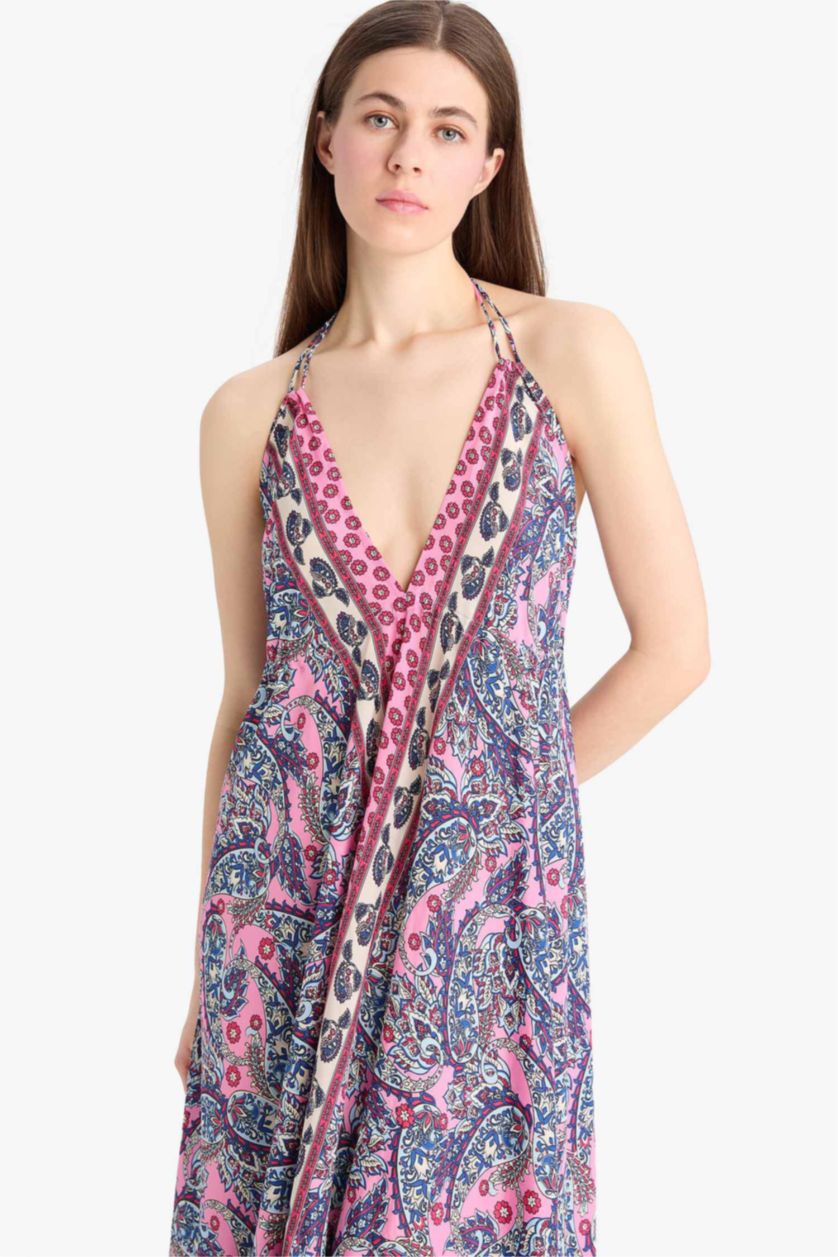 Kadın Pembe Regular Fit Etnik Desenli Boyundan Bağlamalı Maxi Plaj Elbisesi-Fall in Love