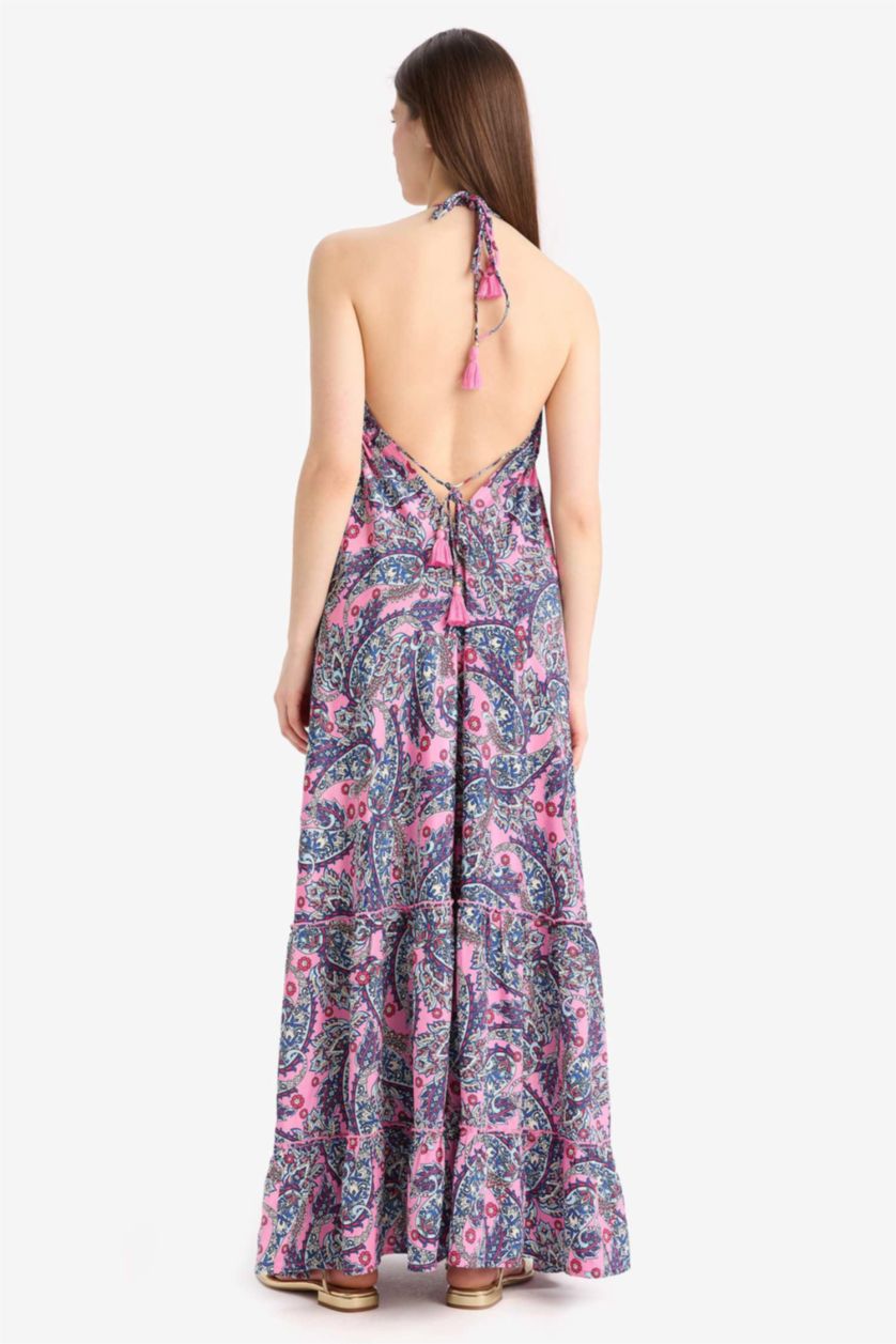 Kadın Pembe Regular Fit Etnik Desenli Boyundan Bağlamalı Maxi Plaj Elbisesi-Fall in Love