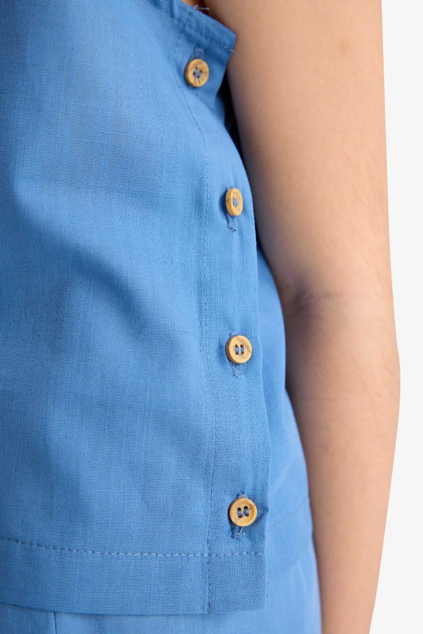 Kız Çocuk - Genç Kız Mavi Oxford 2'li Takım Kolsuz Bluz Şort Kız Çocuk