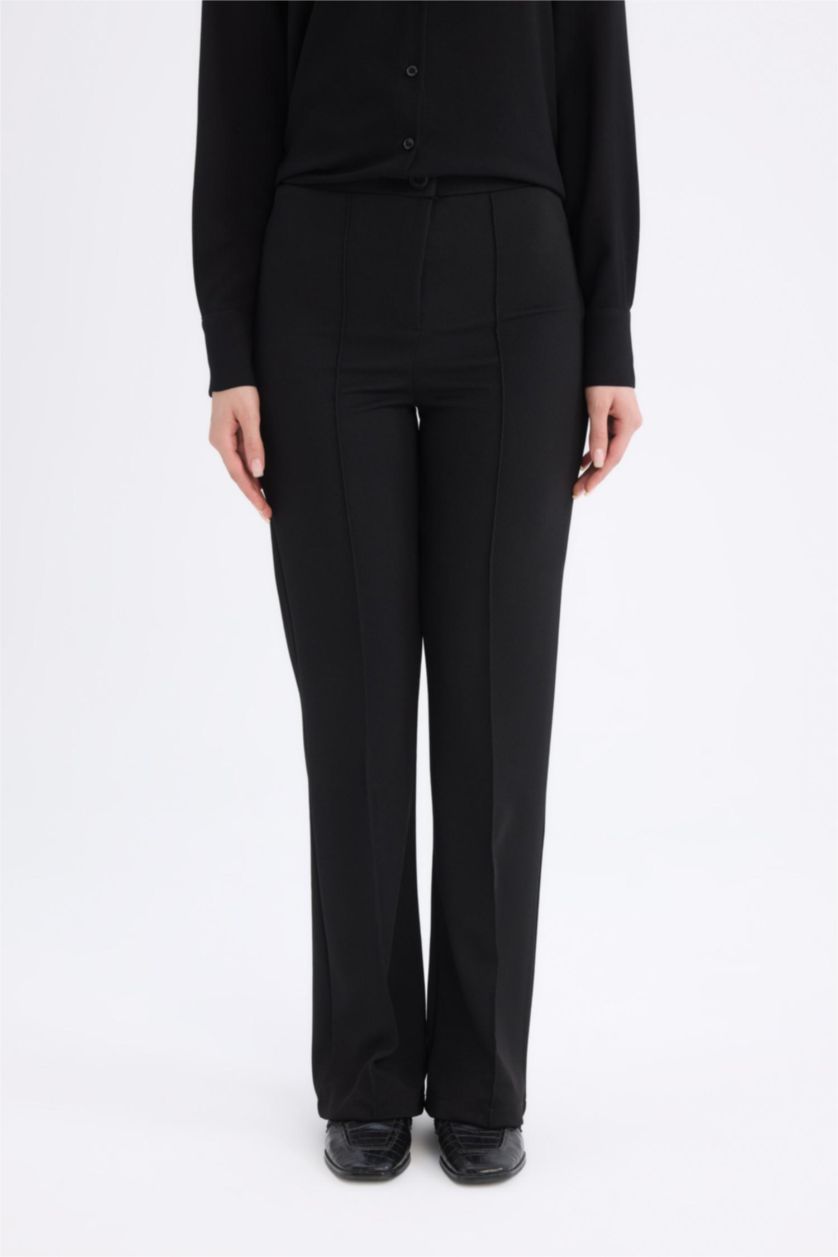 Kadın Siyah Straight Fit Basic Düz Skuba Krep Pantolon