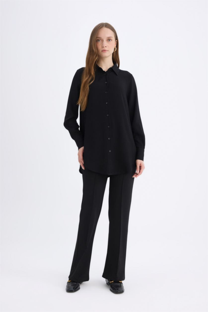 Kadın Siyah Straight Fit Basic Düz Skuba Krep Pantolon