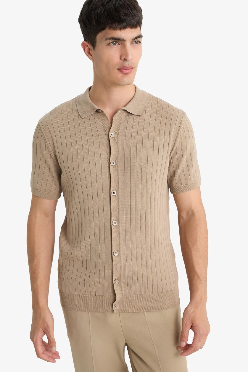 Erkek Açık Vizon Standart Fit Polo Yaka Triko Kısa Kollu Tişört