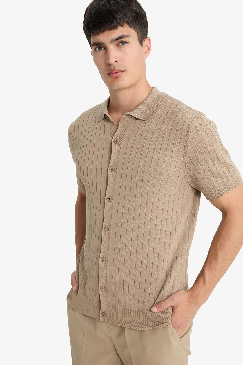 Erkek Açık Vizon Standart Fit Polo Yaka Triko Kısa Kollu Tişört