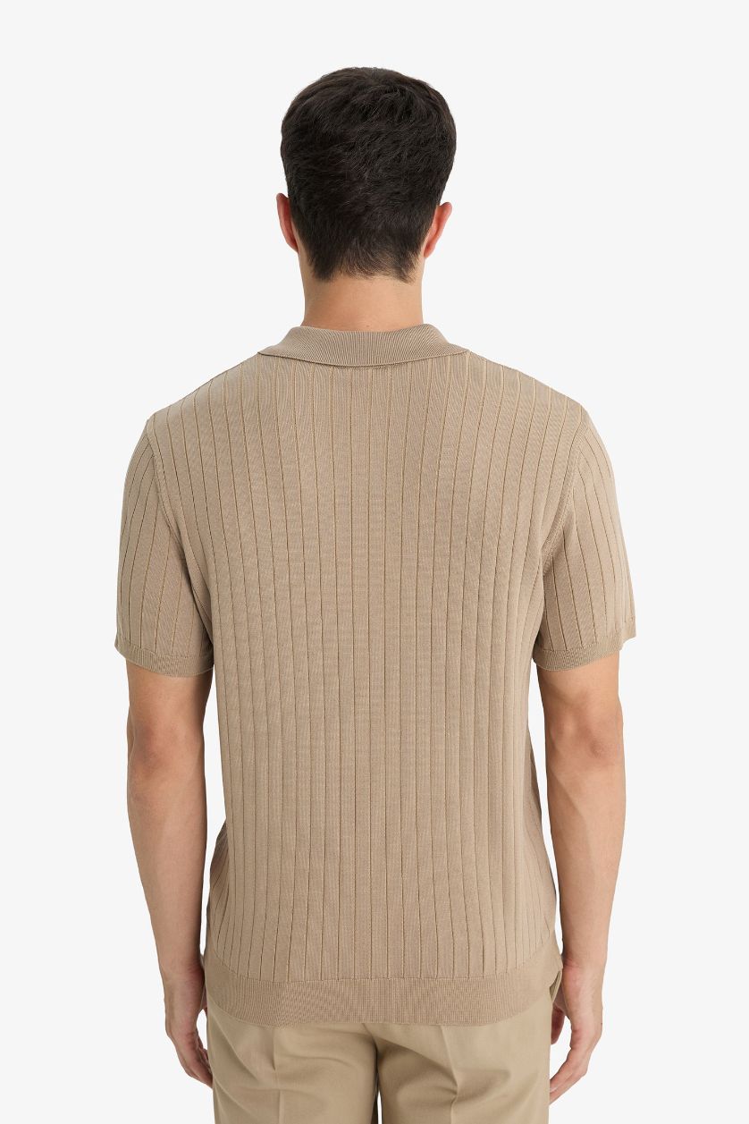 Erkek Açık Vizon Standart Fit Polo Yaka Triko Kısa Kollu Tişört