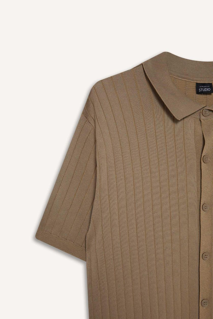 Erkek Açık Vizon Standart Fit Polo Yaka Triko Kısa Kollu Tişört