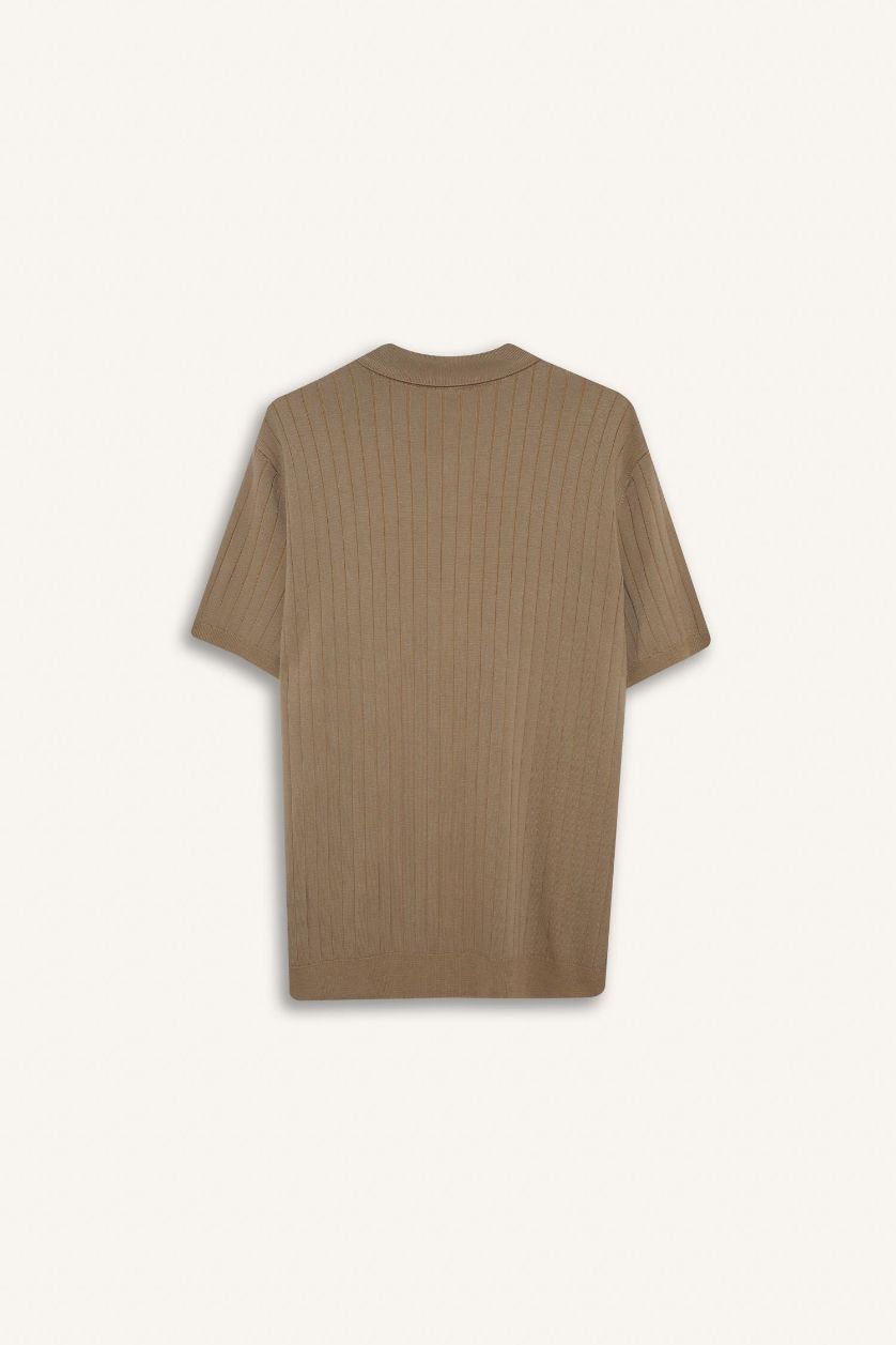 Erkek Açık Vizon Standart Fit Polo Yaka Triko Kısa Kollu Tişört