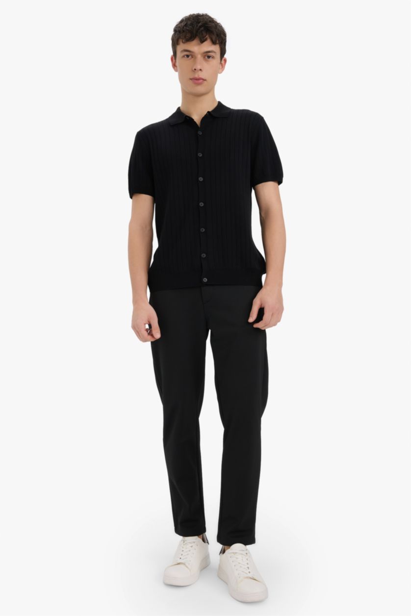 Erkek Siyah Standart Fit Polo Yaka Kısa Kollu Siyah Triko Tişört