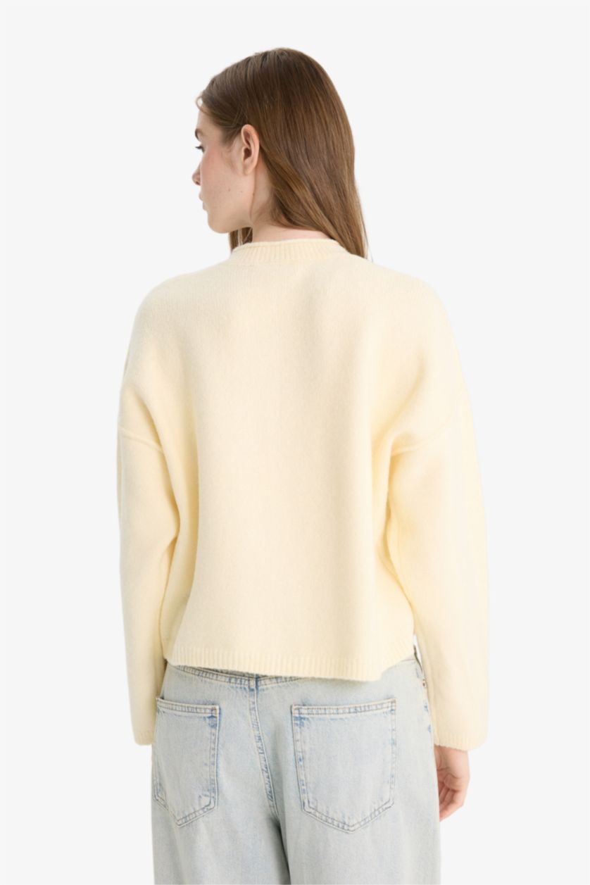 Woman Beige Regular Fit Crew Neck Knit Cardigan