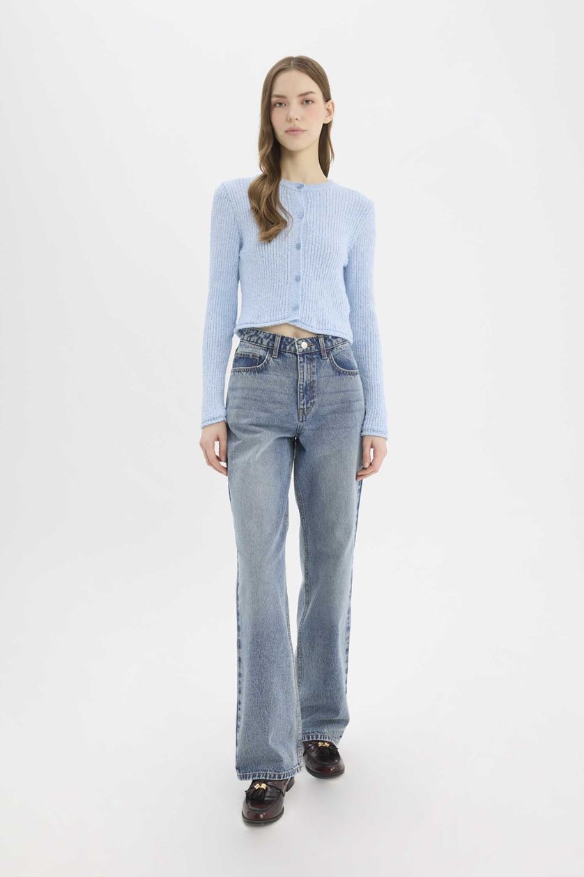 Woman Blue Slim Fit Crew Neck Buttoned Knit Cardigan