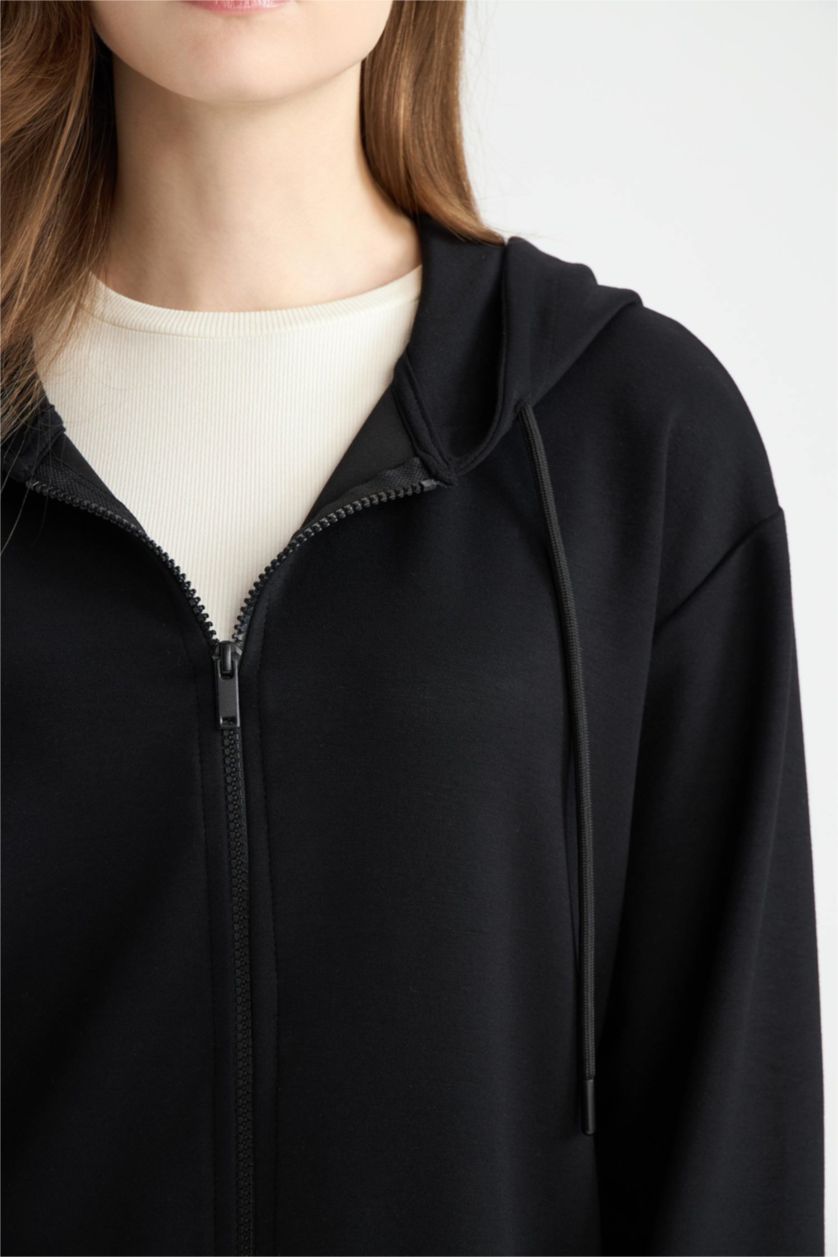 نساء أسود جاكيت رياضي سادة قصة مريحة بغطاء للرأس بسحاب