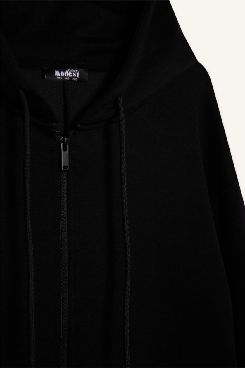 نساء أسود جاكيت رياضي سادة قصة مريحة بغطاء للرأس بسحاب