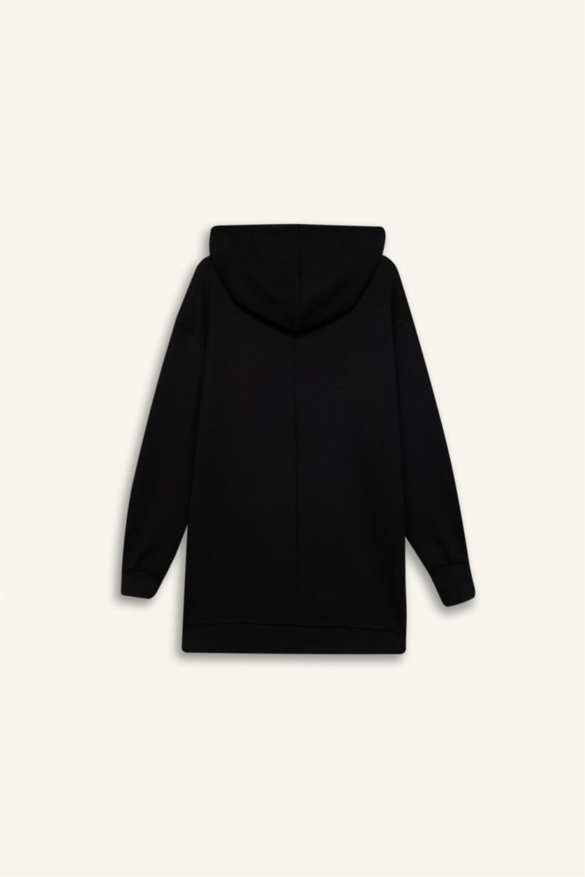 نساء أسود جاكيت رياضي سادة قصة مريحة بغطاء للرأس بسحاب