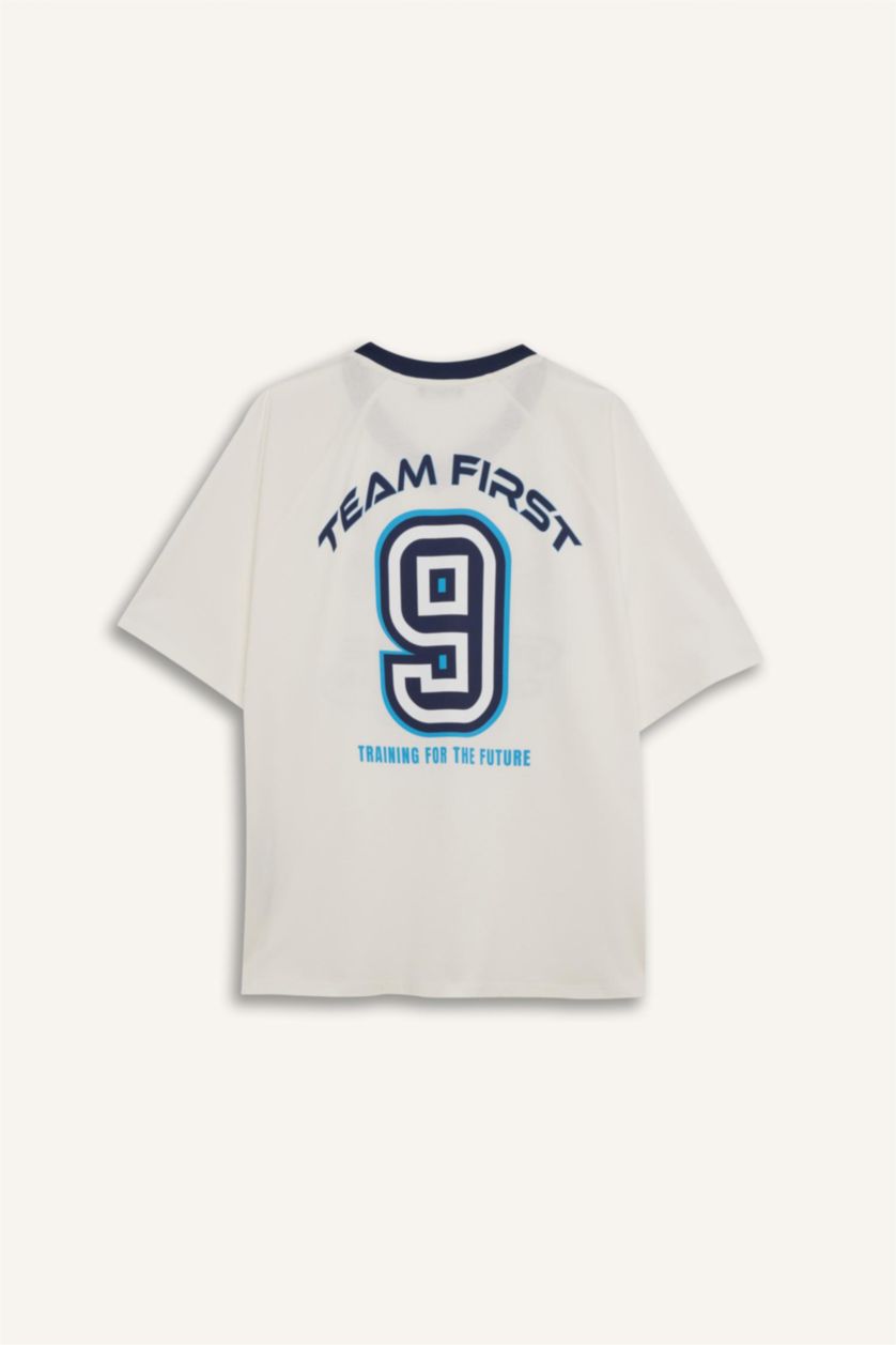 Kadın Kırık Beyaz Oversize Geniş Kalıp V Yaka Sırt Baskılı Kısa Kollu Tişört