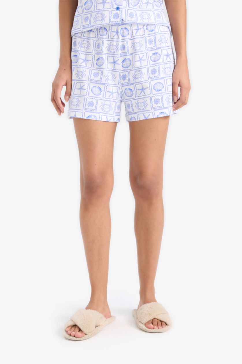 Kadın Ekru Pijama Takımı Regular Fit Desenli Kısa Kollu Üst Şort-Fall in Love