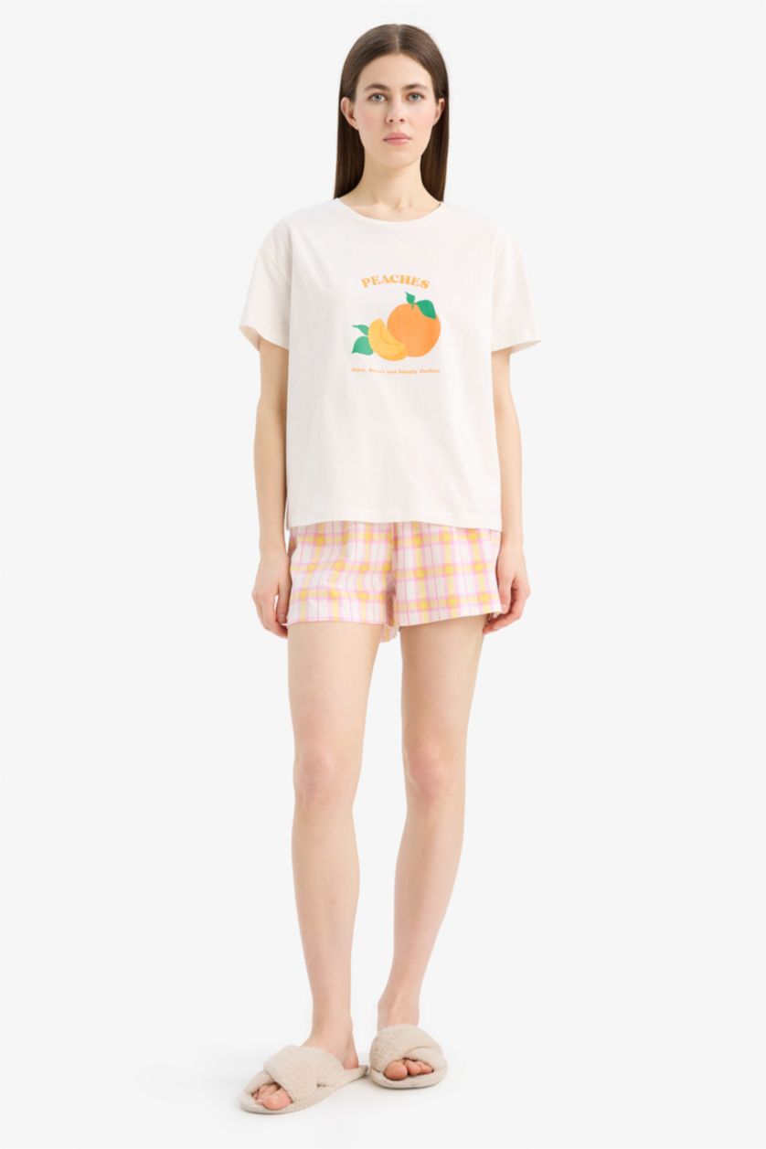 Kadın Turuncu Pijama Takımı Regular Fit Baskılı Kısa Kollu Üst Şort