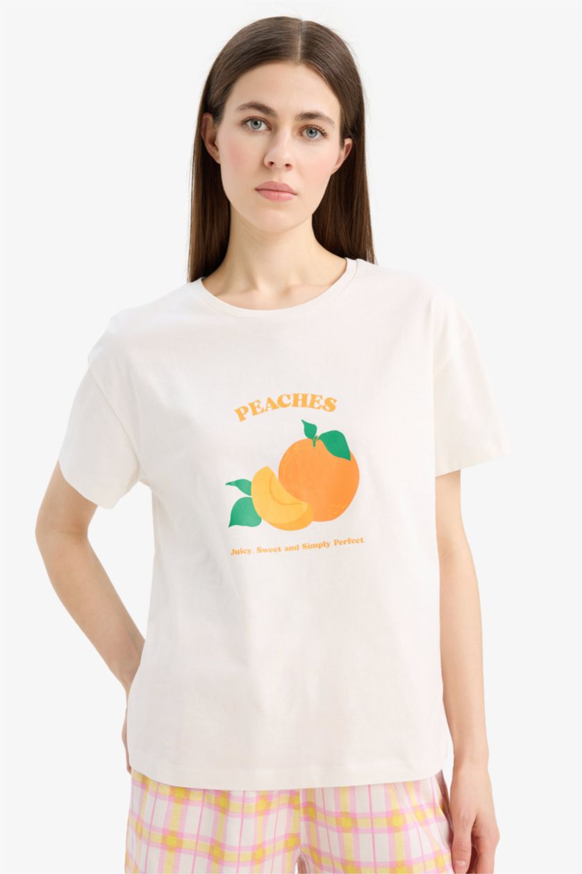 Kadın Turuncu Pijama Takımı Regular Fit Baskılı Kısa Kollu Üst Şort