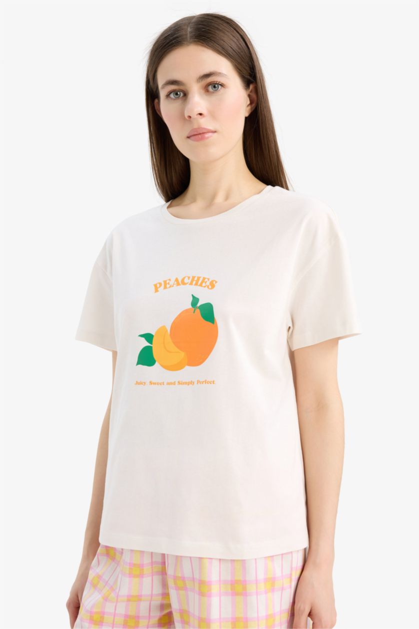 Kadın Turuncu Pijama Takımı Regular Fit Baskılı Kısa Kollu Üst Şort