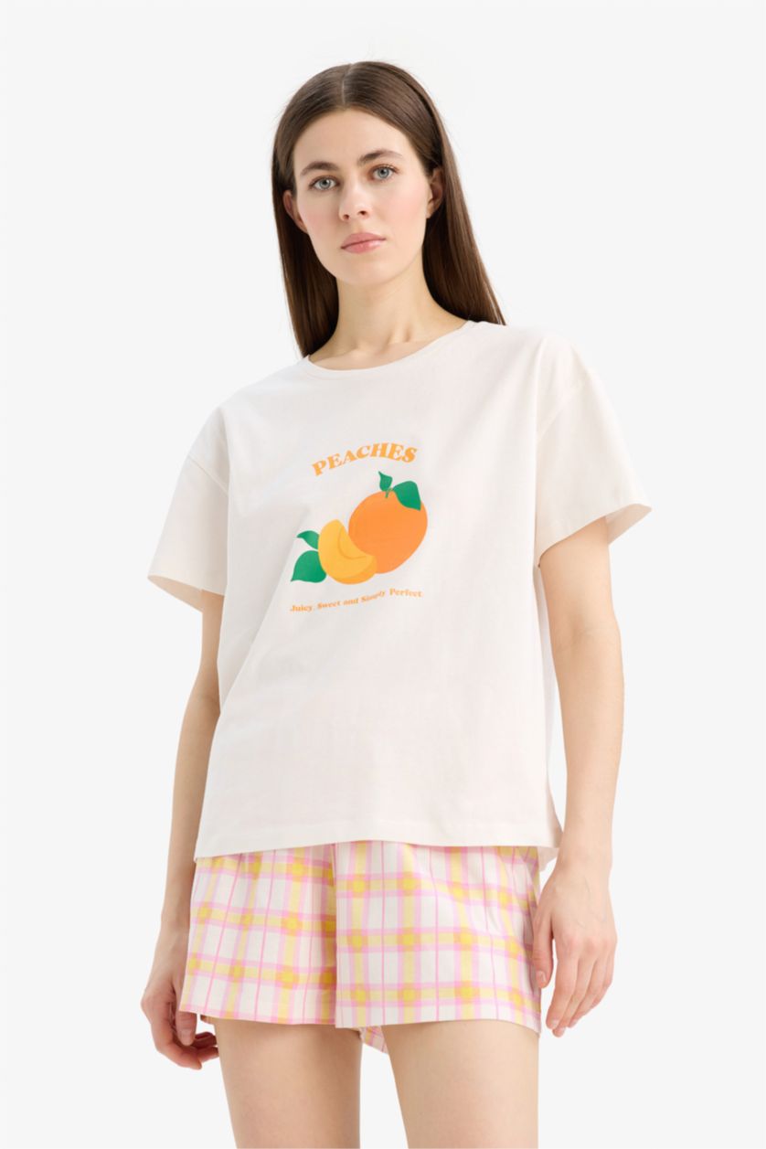 Kadın Turuncu Pijama Takımı Regular Fit Baskılı Kısa Kollu Üst Şort