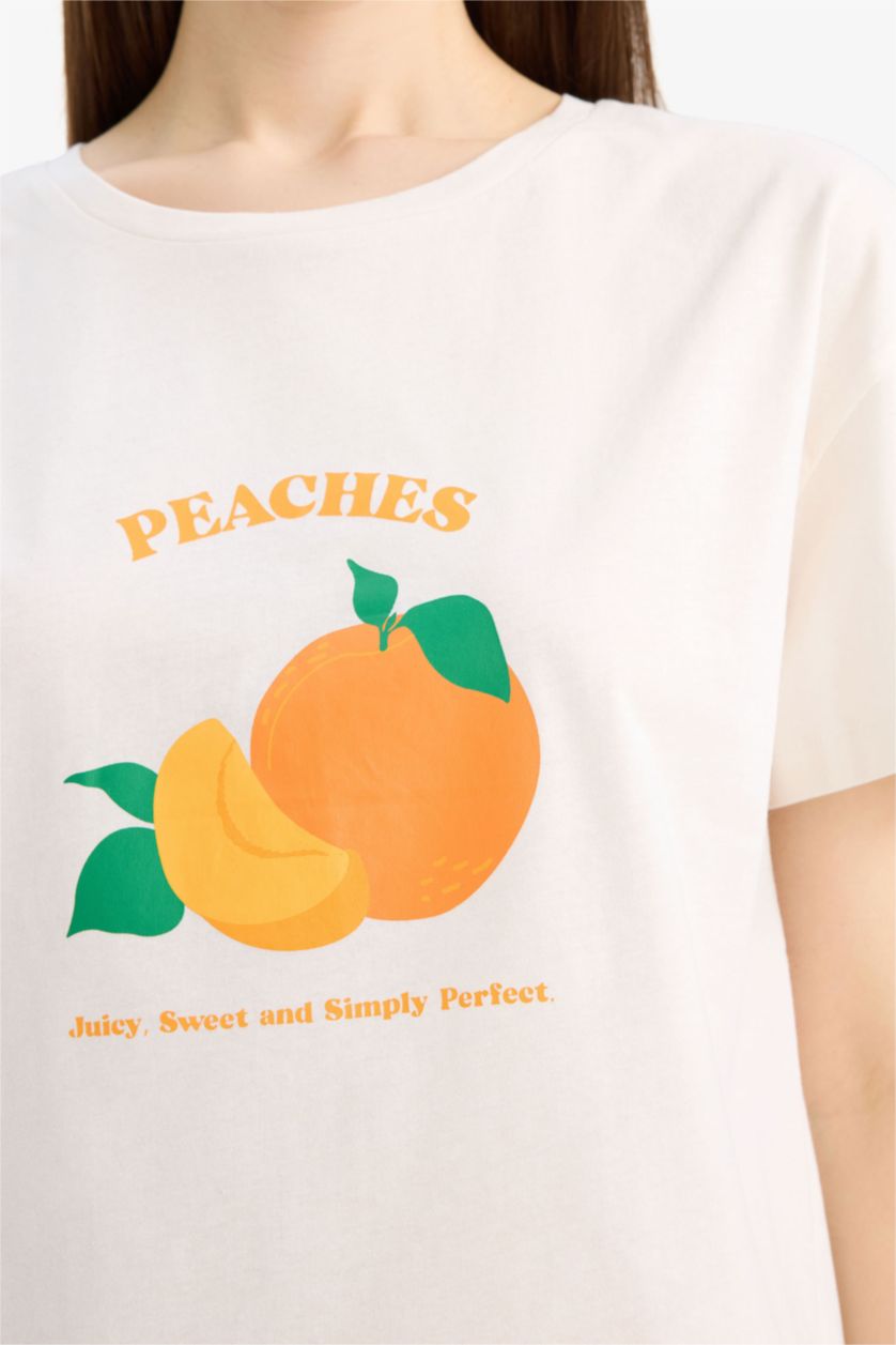 Kadın Turuncu Pijama Takımı Regular Fit Baskılı Kısa Kollu Üst Şort