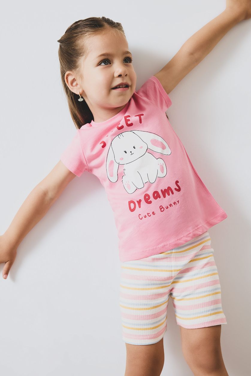 Kız Bebek Pembe Pijama Takımı Baskılı Kısa Kollu Fitilli Kaşkorse Üst Beli Lastikli Çizgili Şort Kız Bebek