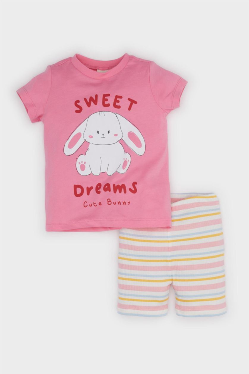 Kız Bebek Pembe Pijama Takımı Baskılı Kısa Kollu Fitilli Kaşkorse Üst Beli Lastikli Çizgili Şort Kız Bebek