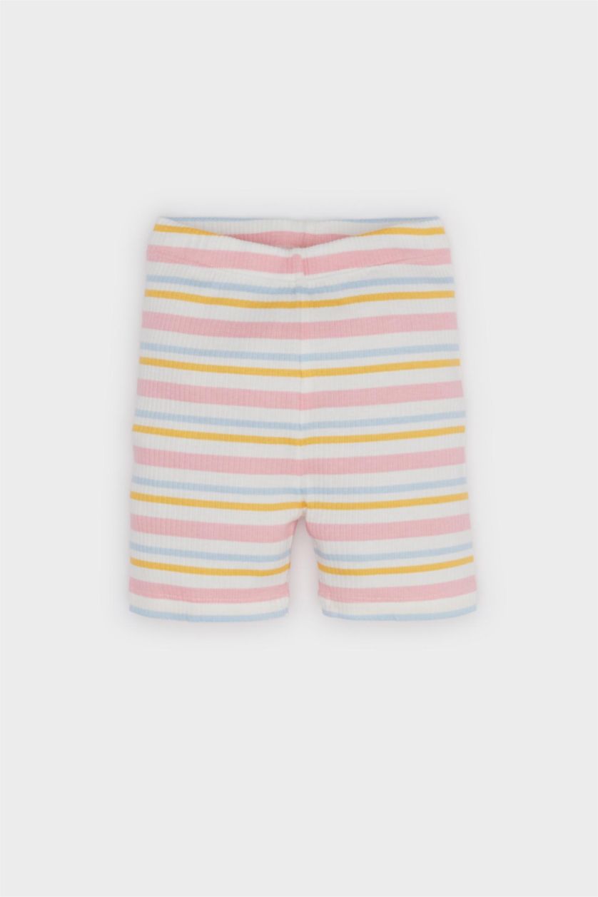 Kız Bebek Pembe Pijama Takımı Baskılı Kısa Kollu Fitilli Kaşkorse Üst Beli Lastikli Çizgili Şort Kız Bebek