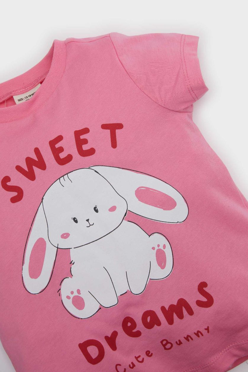 Kız Bebek Pembe Pijama Takımı Baskılı Kısa Kollu Fitilli Kaşkorse Üst Beli Lastikli Çizgili Şort Kız Bebek