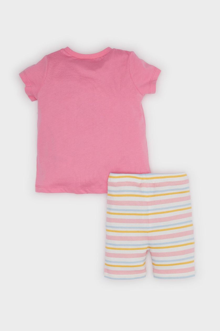 Kız Bebek Pembe Pijama Takımı Baskılı Kısa Kollu Fitilli Kaşkorse Üst Beli Lastikli Çizgili Şort Kız Bebek