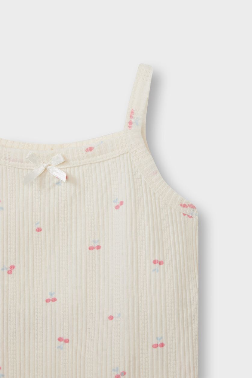 Kız Bebek Ekru Pijama Takımı Meyve Desenli Askılı Ribana Üst Şort Kız Bebek