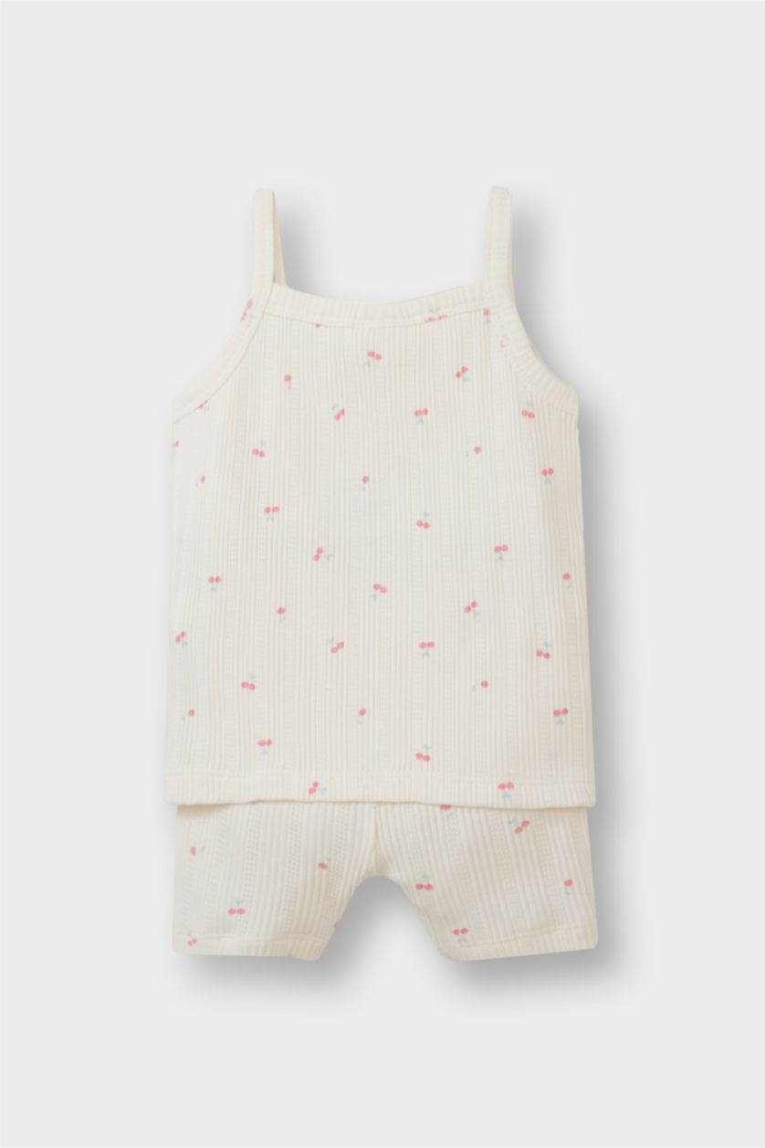 Kız Bebek Ekru Pijama Takımı Meyve Desenli Askılı Ribana Üst Şort Kız Bebek