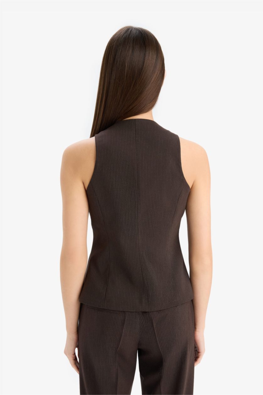 Kadın Kahve Afra x DeFacto Fitted Bisiklet Yaka Düğmeli Çizgili Yelek