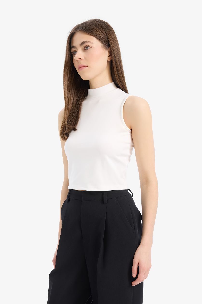 WOMAN Ecru Slim Fit Half Turtleneck Tank Top