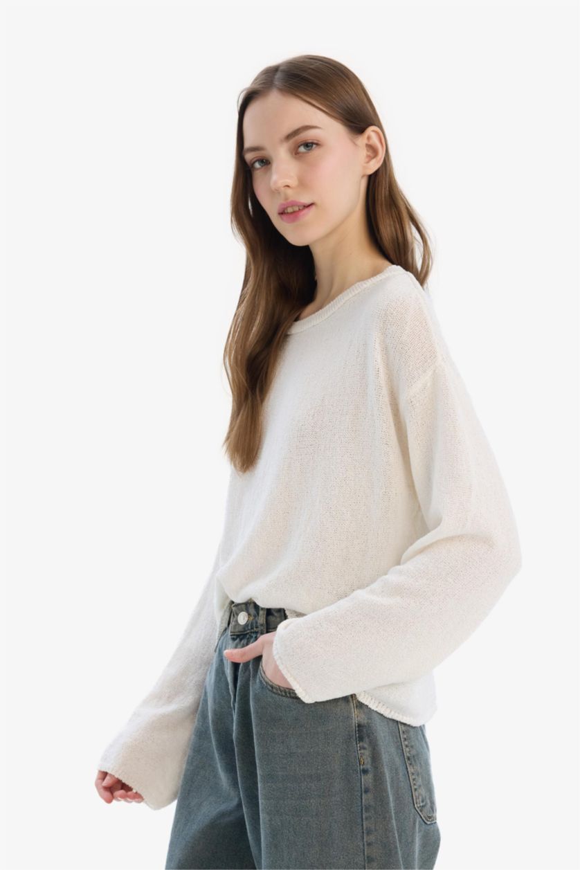 Kadın Ekru Regular Fit Kayık Yaka Basic Düz Triko Kazak