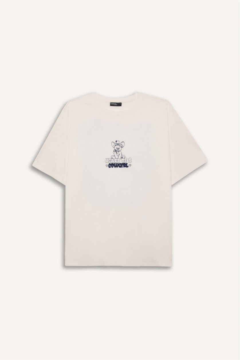 Kadın Kırık Beyaz Oversize Geniş Kalıp Bisiklet Yaka Baskılı Kısa Kollu Beyaz Tişört