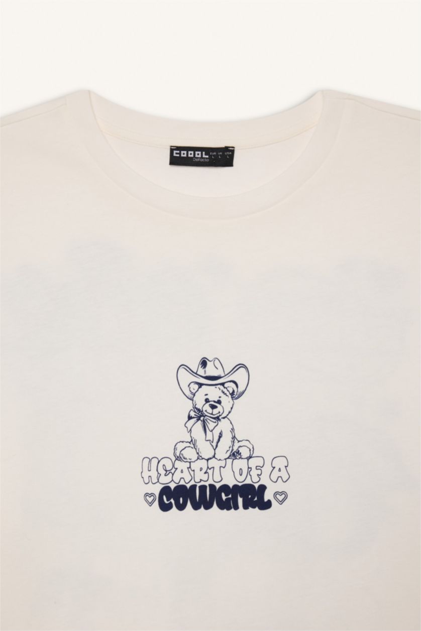 Kadın Kırık Beyaz Oversize Geniş Kalıp Bisiklet Yaka Baskılı Kısa Kollu Beyaz Tişört