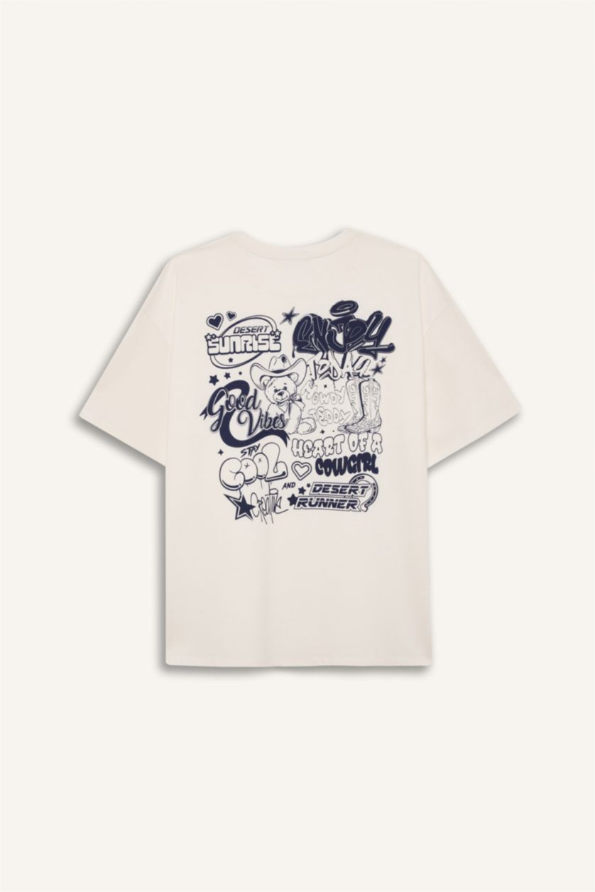 Kadın Kırık Beyaz Oversize Geniş Kalıp Bisiklet Yaka Baskılı Kısa Kollu Beyaz Tişört